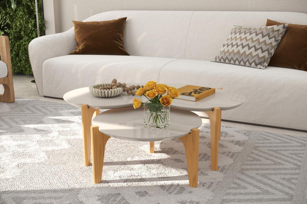 Kit Mesas De Centro Caribe 105Cm + 55Cm - Off White Perolizado/Freijo