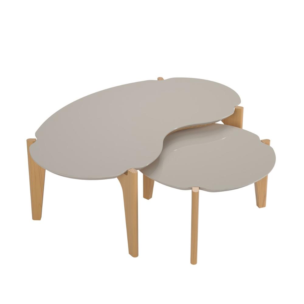 Kit Mesas De Centro Caribe 105Cm + 55Cm - Off White Perolizado/Freijo