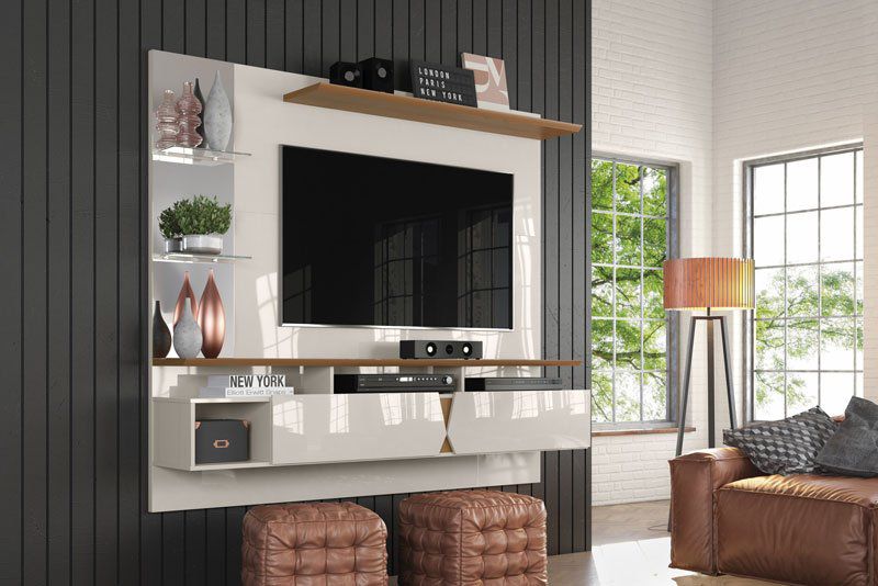 Painel para TV Intense Off White com Damasco - Lukaliam Móveis
