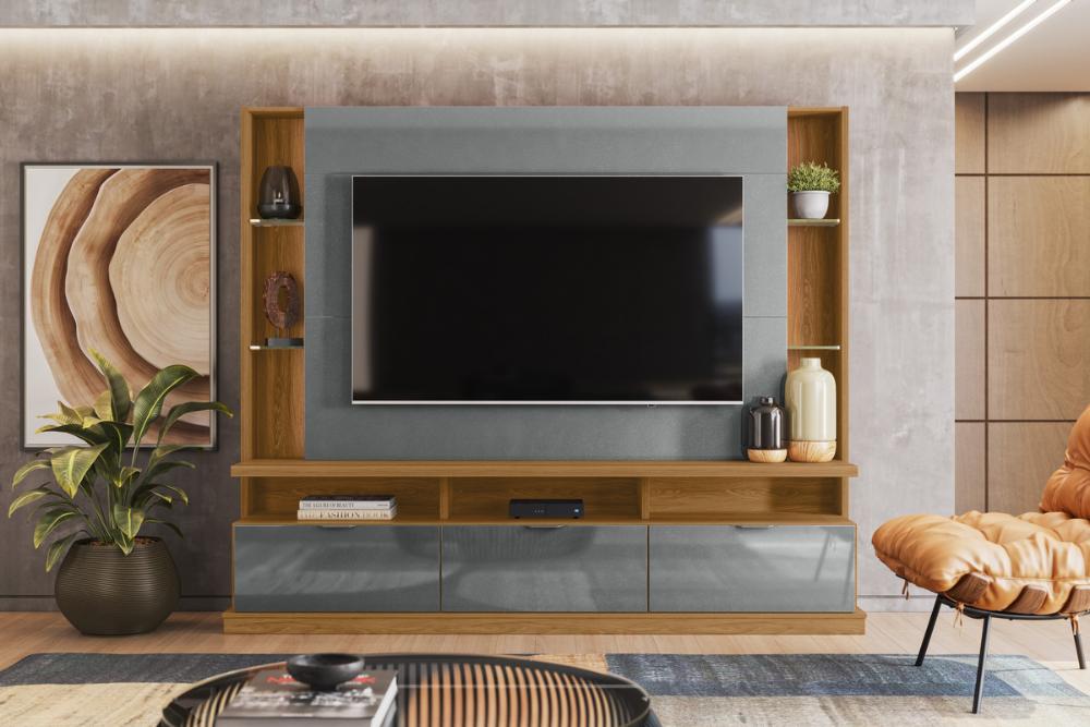 Painel Home Vigo 2024 P/ Tvs Até 70" 3 Portas E Prateleiras P/ Itens  - Jequitiba/Cinza Perolizado
