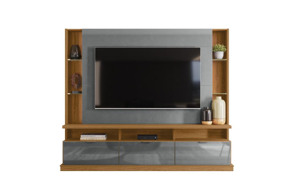 Painel Home Vigo 2024 P/ Tvs Até 70" 3 Portas E Prateleiras P/ Itens  - Jequitiba/Cinza Perolizado