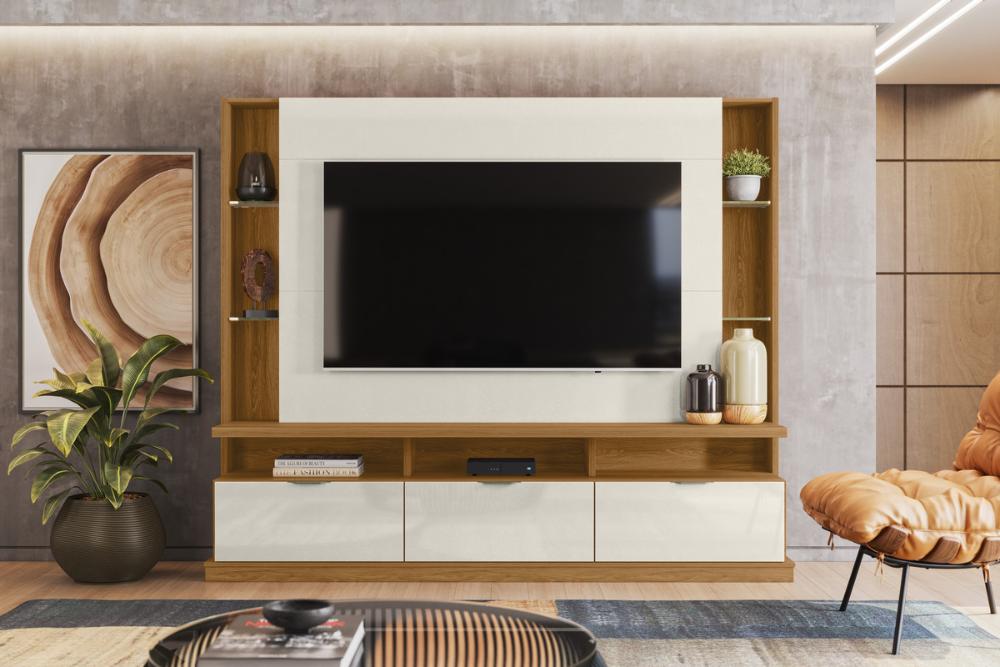 Painel Home Vigo 2024 P/ Tvs Até 70" 3 Portas E Prateleiras P/ Itens  - Jequitiba/Off White Perolizado