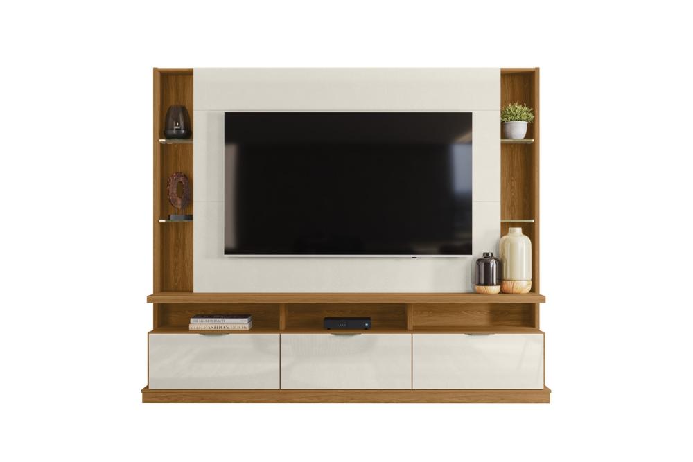 Painel Home Vigo 2024 P/ Tvs Até 70" 3 Portas E Prateleiras P/ Itens  - Jequitiba/Off White Perolizado