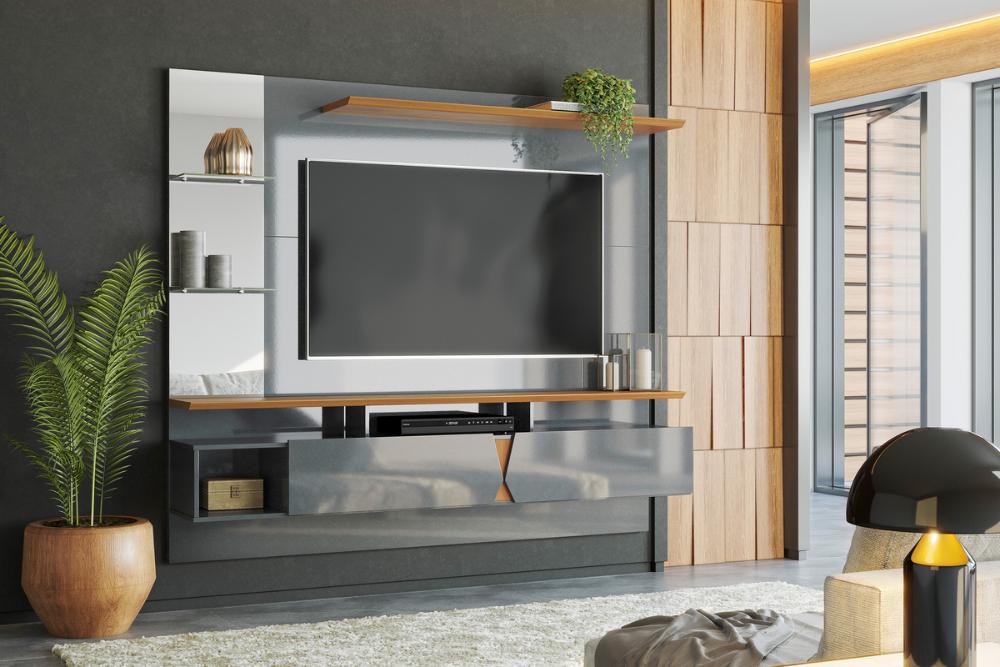 Painel Intense P/ Tvs Até 55''  C/ Gaveteiros E Prateleiras Suporte Para Itens - Cinza Perolizado/Tauari