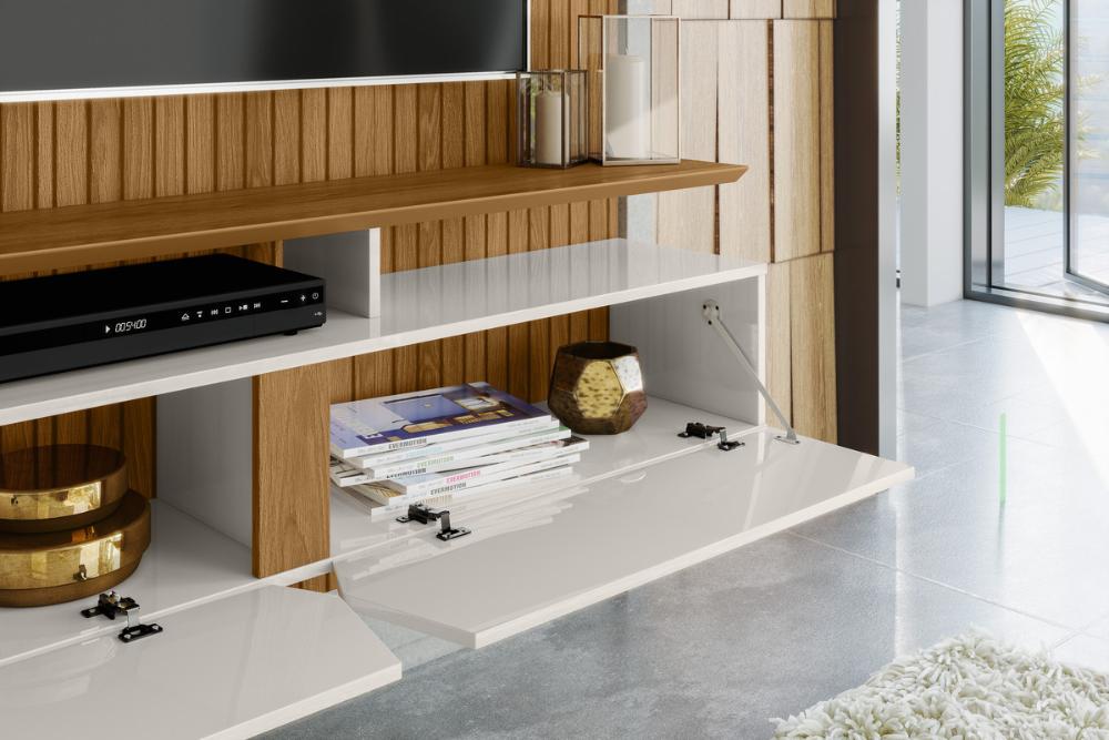 Painel Intense P/ Tvs Até 55''  C/ Gaveteiros E Prateleiras Suporte Para Itens - Freijo Ripado/Off White Perolizado