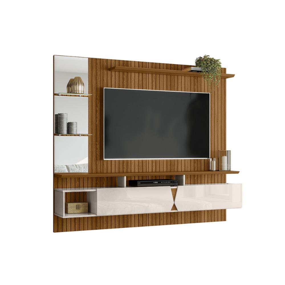 Painel Intense P/ Tvs Até 55''  C/ Gaveteiros E Prateleiras Suporte Para Itens - Freijo Ripado/Off White Perolizado