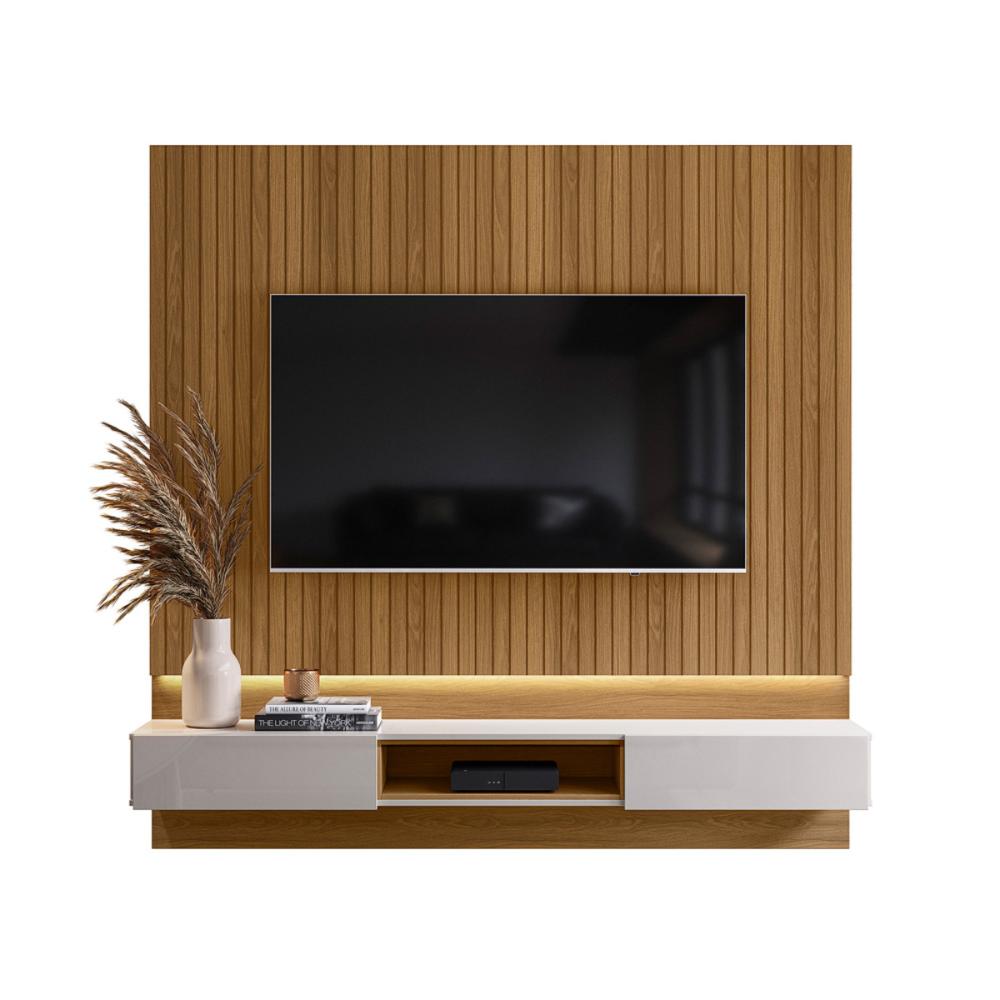 Painel Paris P/ Tvs Até 70" C/ Bancada 2 Gavetas Suporte P/ Decoração - Freijo Ripado/Off White Perolizado