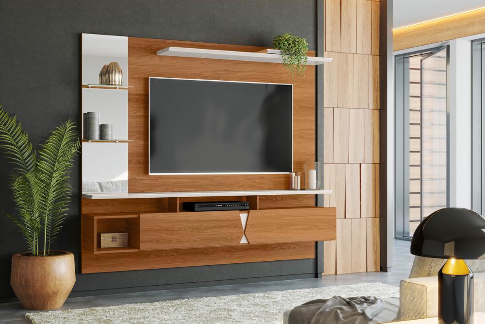 Painel Vega P/ Tvs Até 55''  C/ Gaveteiros E Prateleiras Suporte Para Itens - Jequitiba/Off White Perolizado