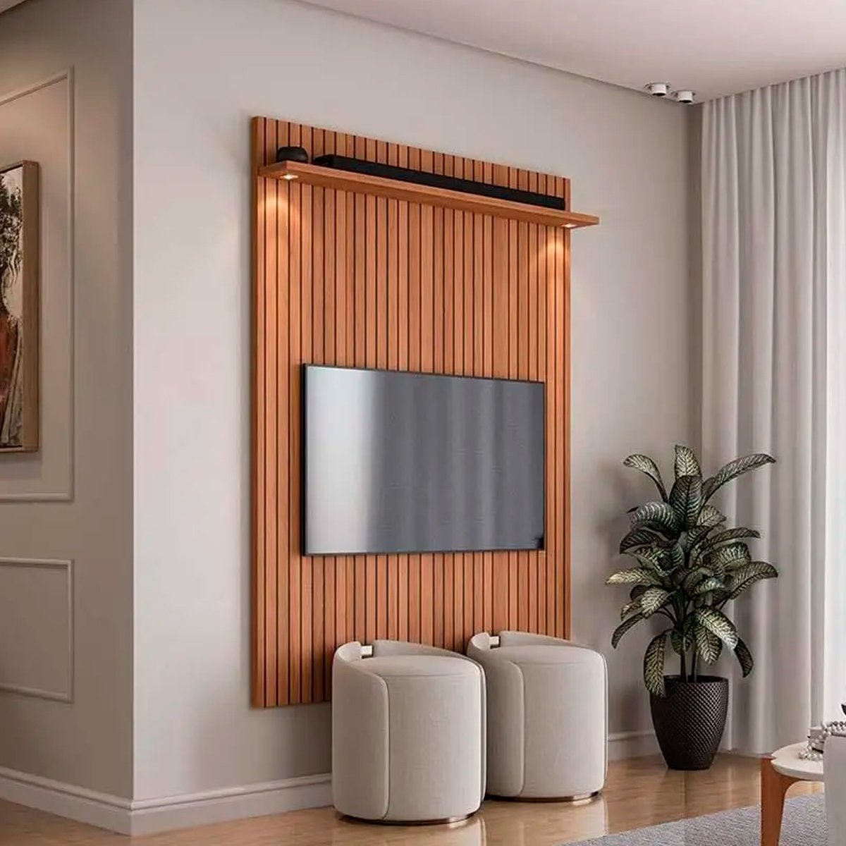 Painel para Tv de até 55" com Led Rivire 1.3 Jequitibá Ripado 3D