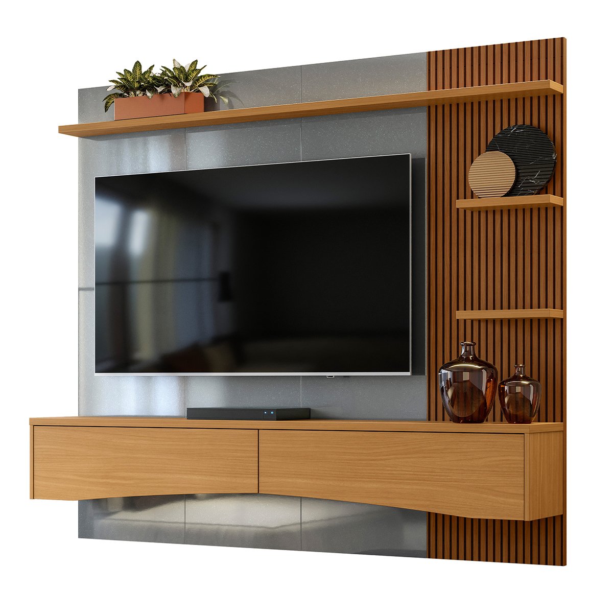 Painel para Tv de até 65" 2 Gavetas Elise Cinza Perolizado/Tauari Ripado