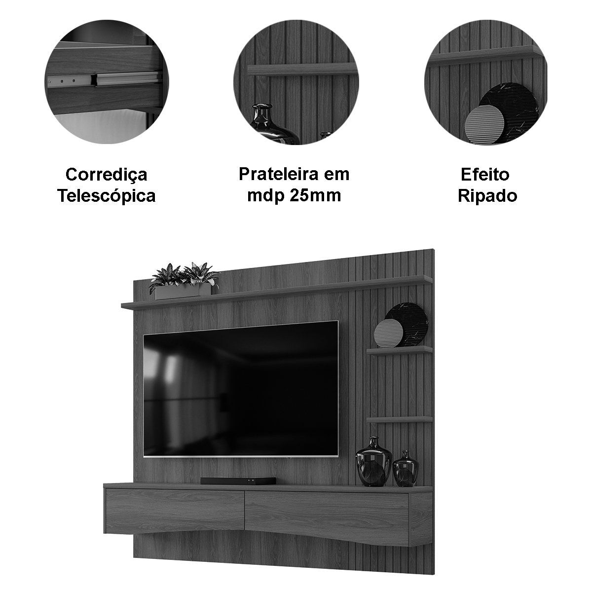 Painel para Tv de até 65" 2 Gavetas Elise Jequitibá Ripado