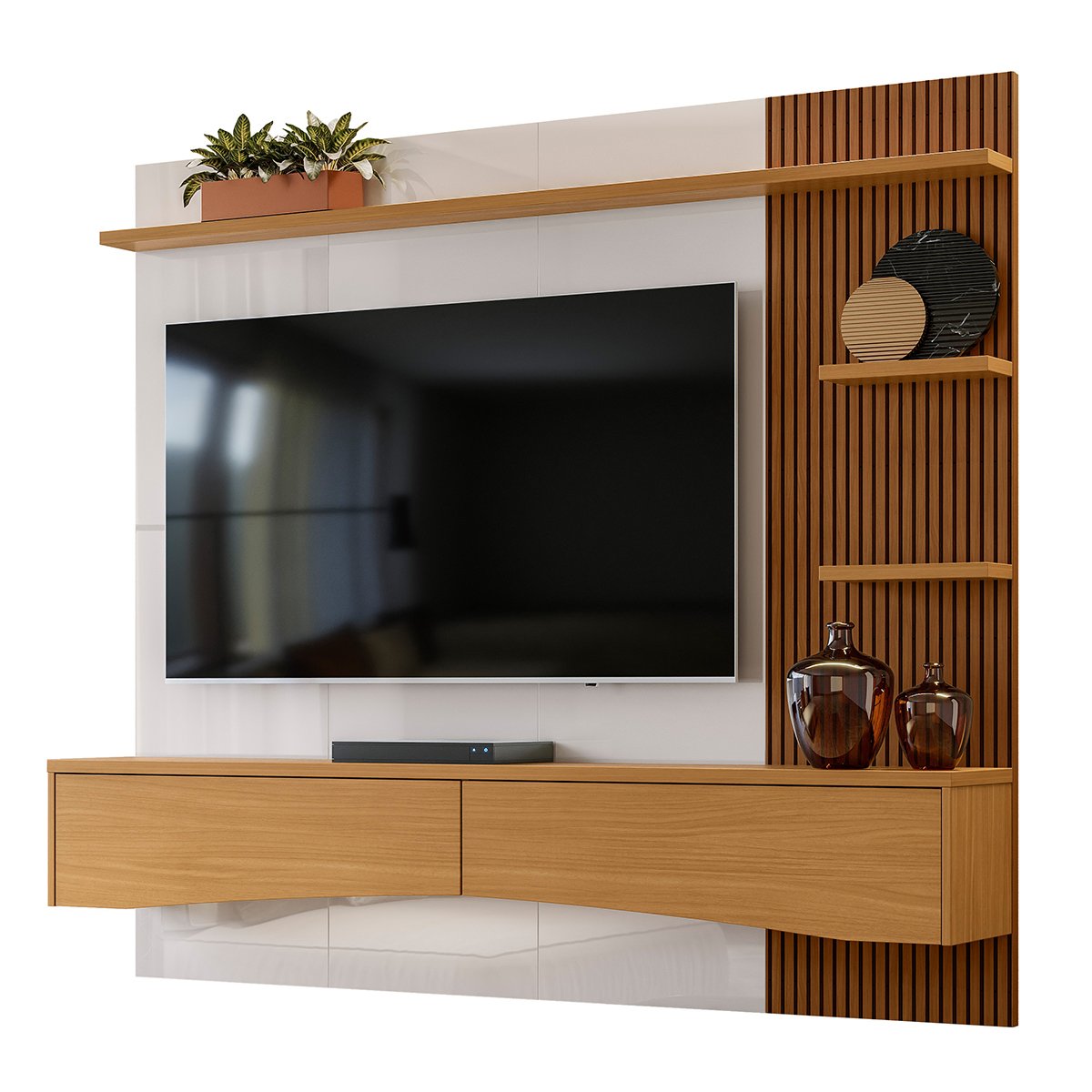 Painel para Tv de até 65" 2 Gavetas Elise Off White Perolizado/Tauari Ripado