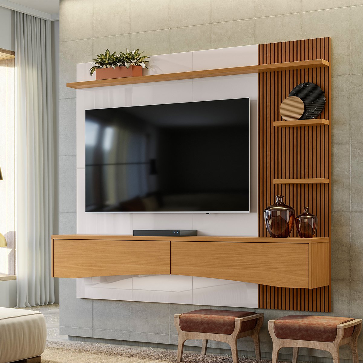 Painel para Tv de até 65" 2 Gavetas Elise Off White Perolizado/Tauari Ripado