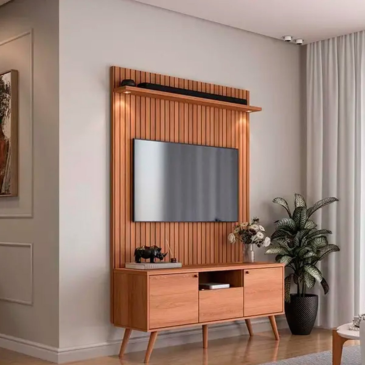 Rack Bancada 1 Porta 2 Gavetas e Painel para Tv de até 55" Rivire 1.3 Jequitibá Ripado 3D