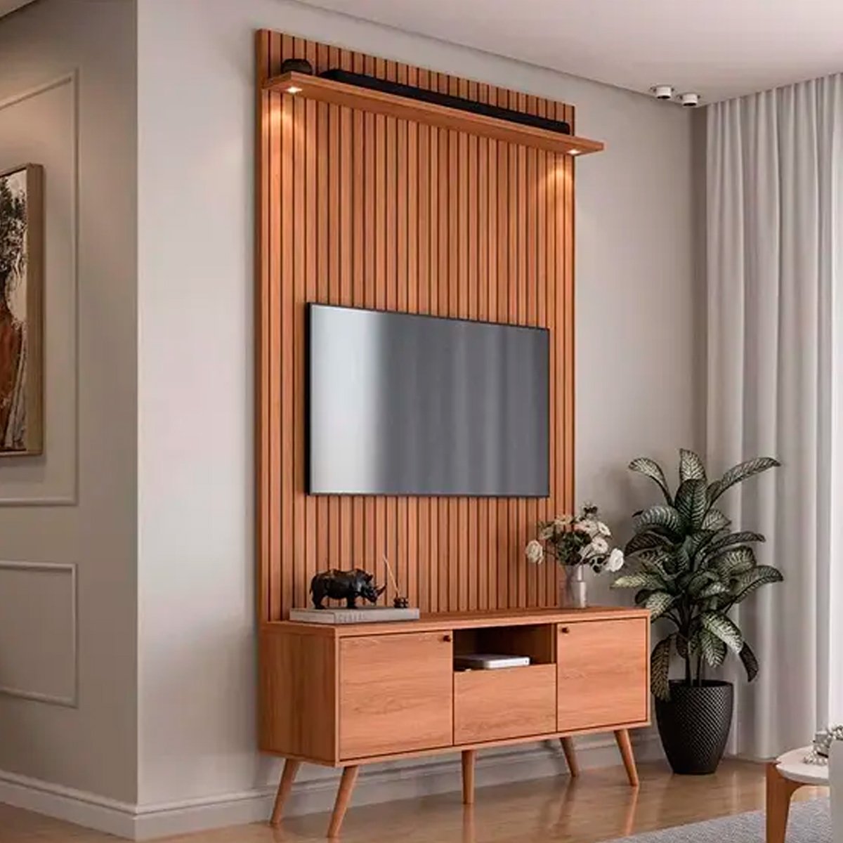 Rack Bancada 1 Porta 2 Gavetas e Painel para Tv de até 55" Rivire 1.3 Jequitibá Ripado 3D