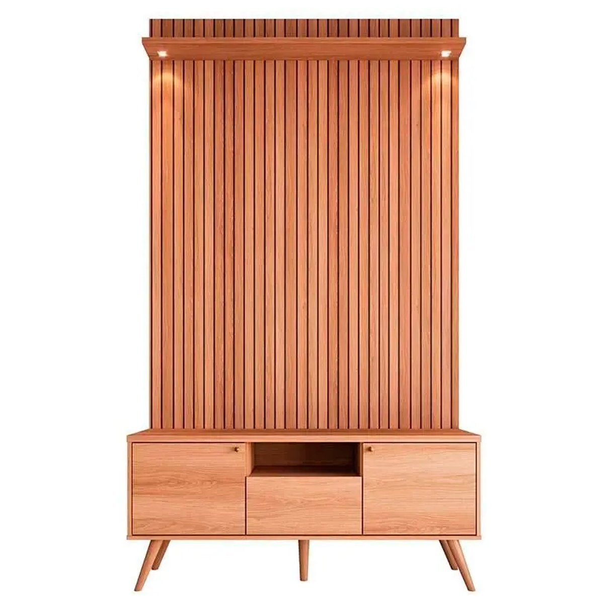 Rack Bancada 1 Porta 2 Gavetas e Painel para Tv de até 55" Rivire 1.3 Jequitibá Ripado 3D