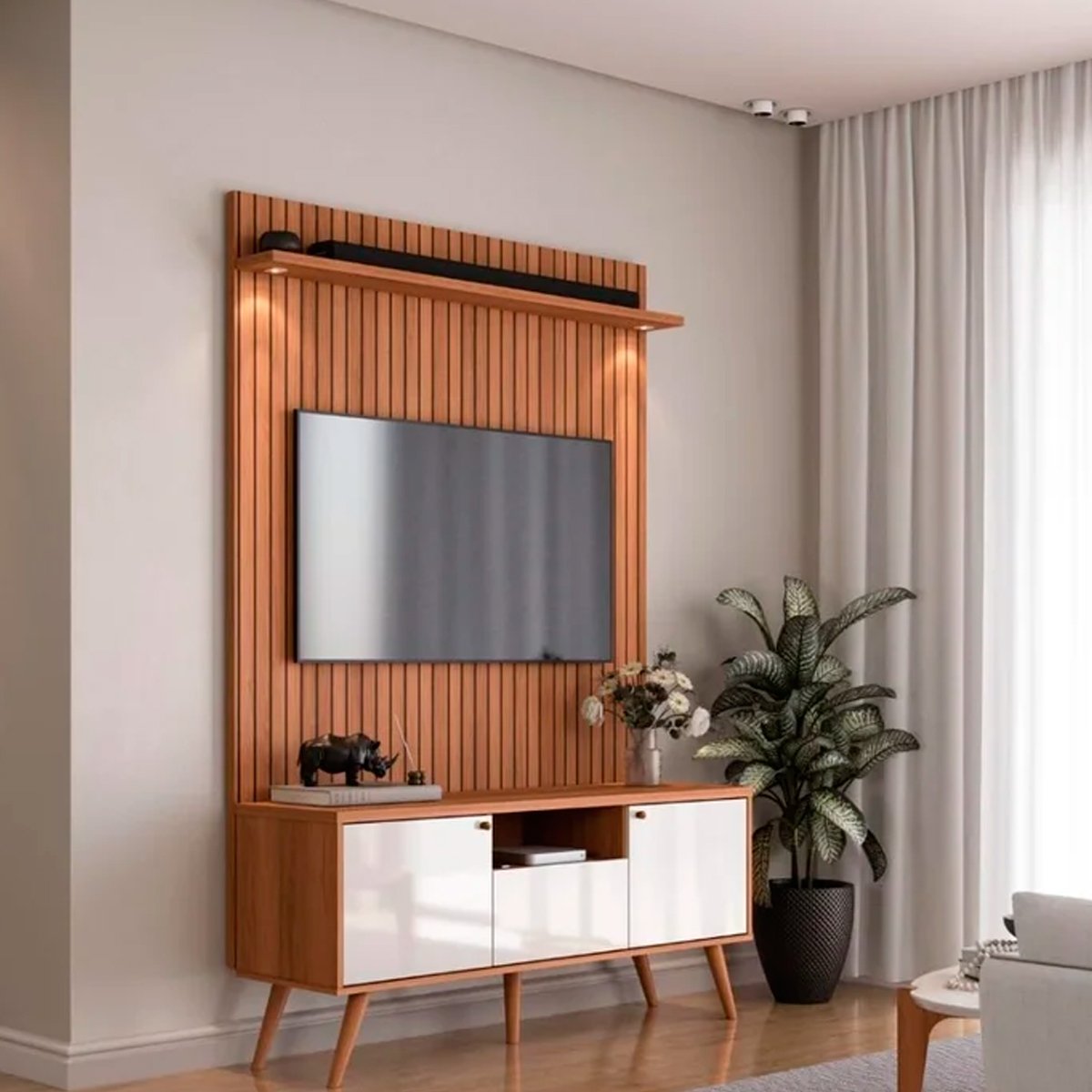 Rack Bancada 1 Porta 2 Gavetas e Painel para Tv de até 55" Rivire 1.3 Jequitibá Ripado 3D/Off White