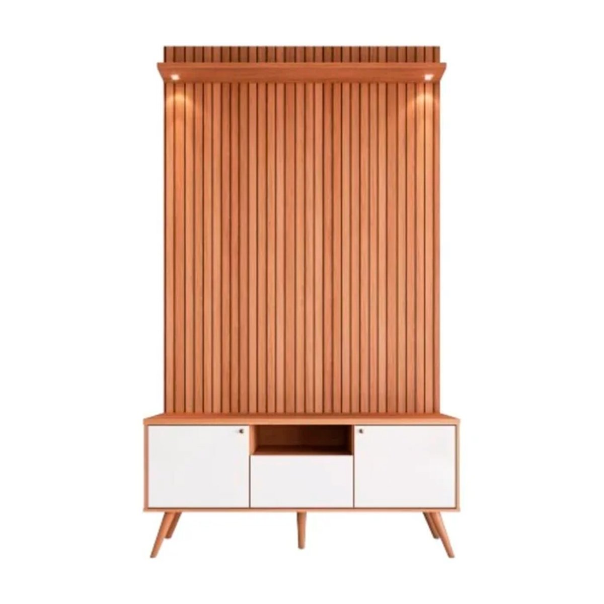 Rack Bancada 1 Porta 2 Gavetas e Painel para Tv de até 55" Rivire 1.3 Jequitibá Ripado 3D/Off White