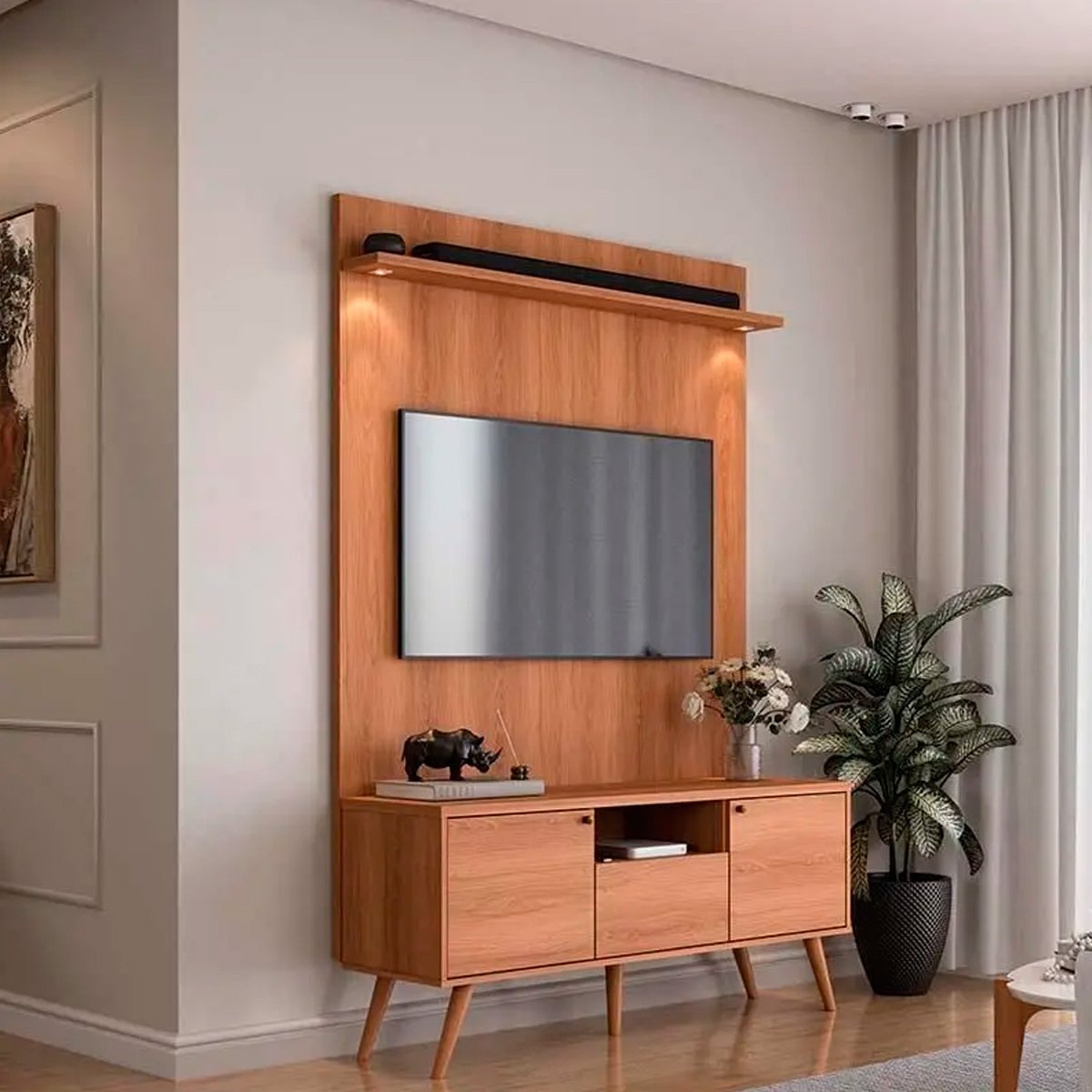 Rack Bancada 1 Porta 2 Gavetas e Painel para Tv de até 55" Rivire 1.3 Jequitiba