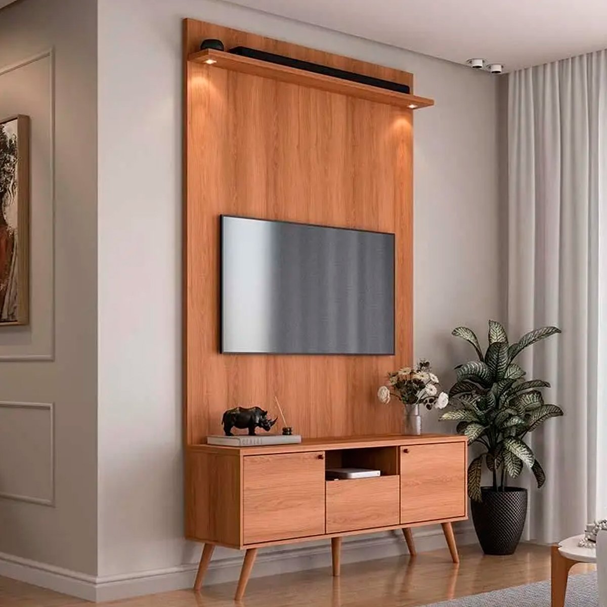 Rack Bancada 1 Porta 2 Gavetas e Painel para Tv de até 55" Rivire 1.3 Jequitiba