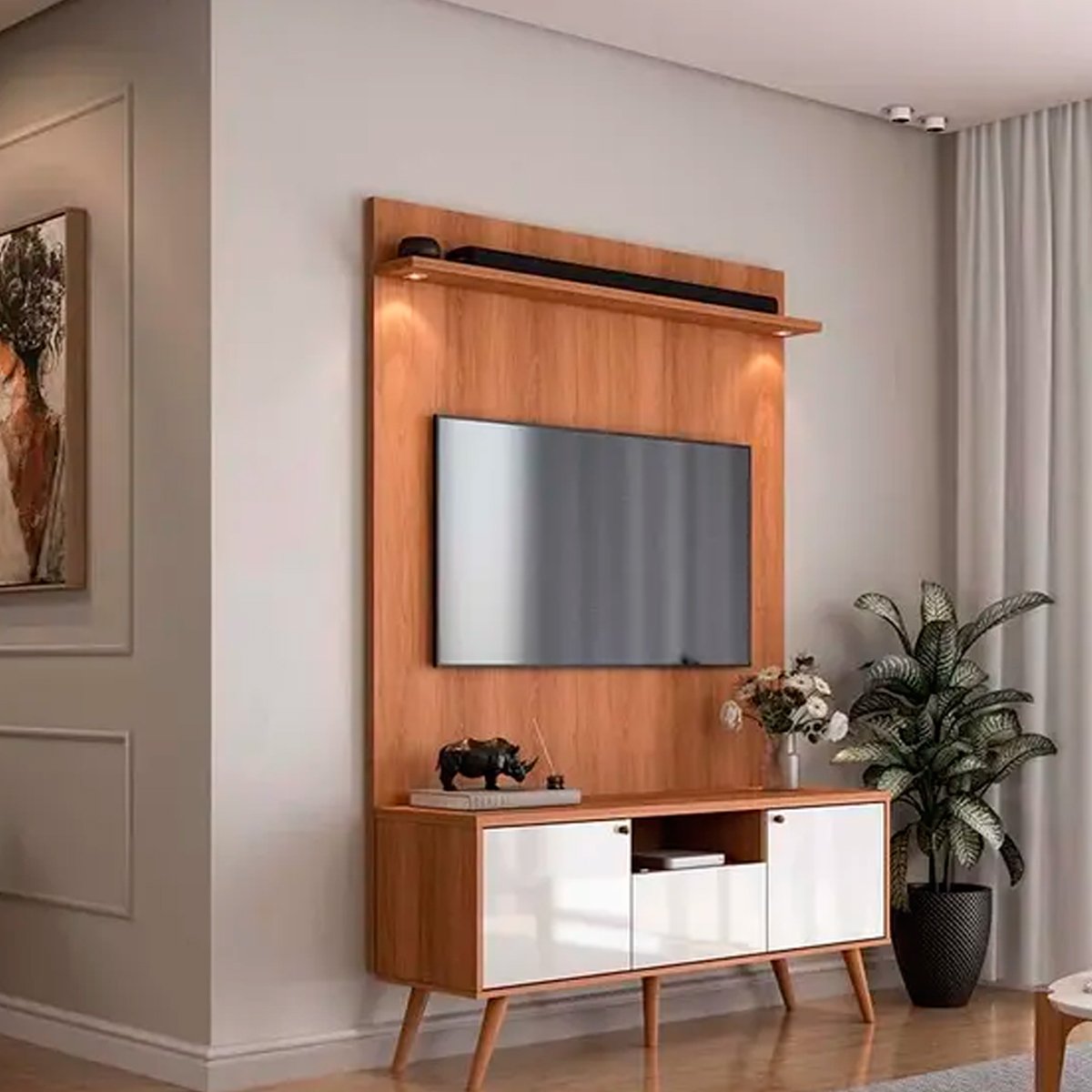 Rack Bancada 1 Porta 2 Gavetas e Painel para Tv de até 55" Rivire 1.3 Jequitiba/Off White