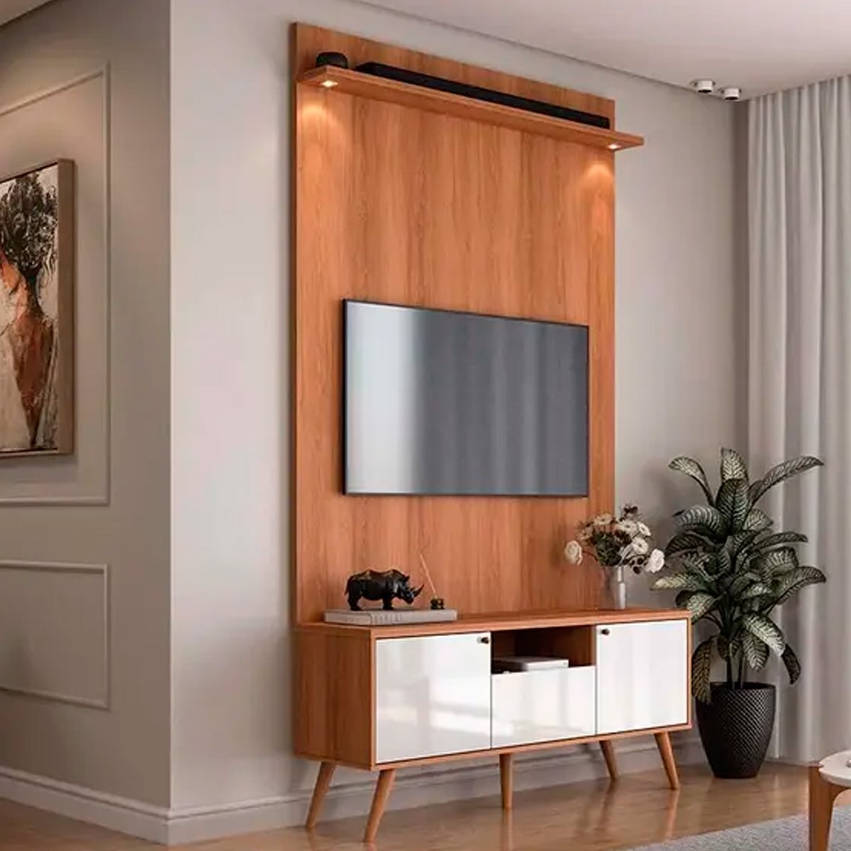Rack Bancada 1 Porta 2 Gavetas e Painel para Tv de até 55" Rivire 1.3 Jequitiba/Off White