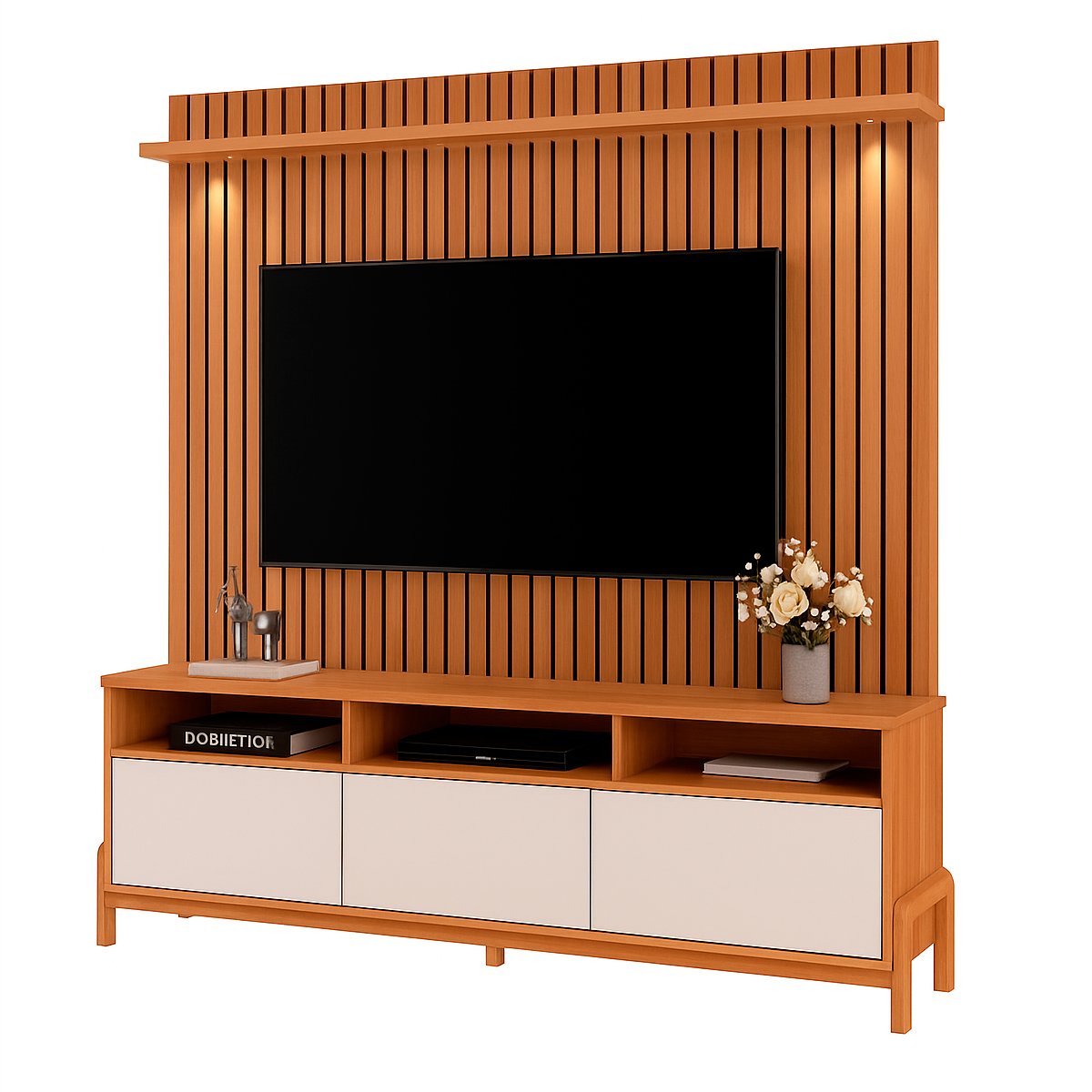 Rack Bancada com Painel 1 Porta 2 Gavetas para Tv de até 75" Viron Jequitibá Ripado 3D/Off White