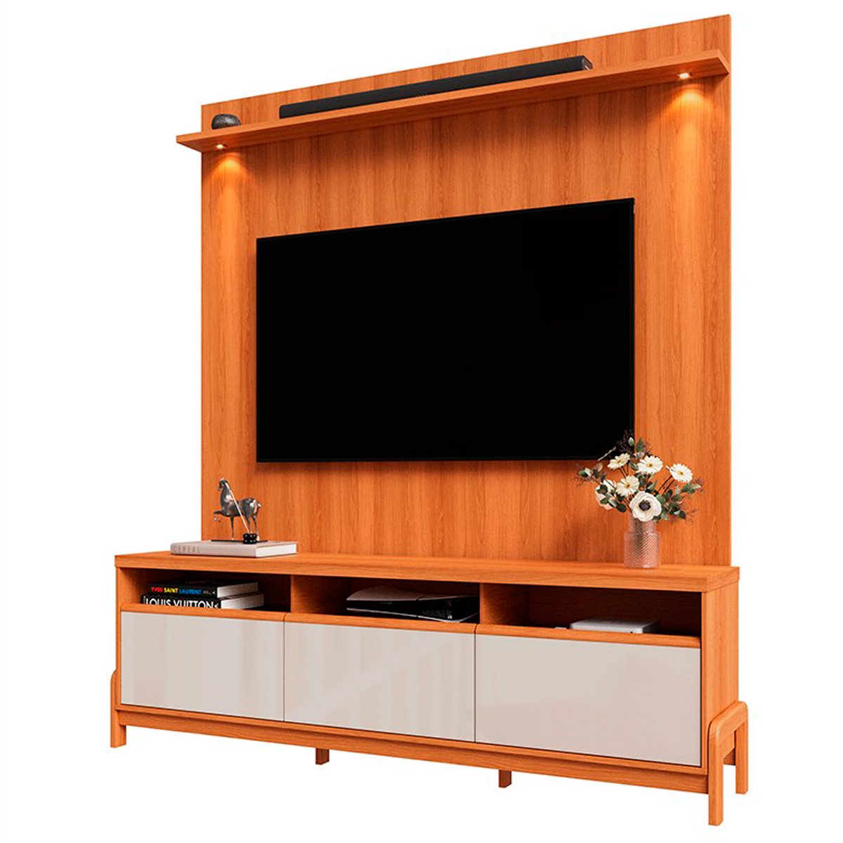 Rack Bancada com Painel 1 Porta 2 Gavetas para Tv de até 75" Viron Jequitiba/Off White