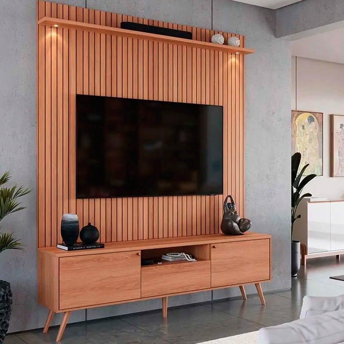 Rack Bancada com Painel para Tv de até 70" Rivire 1 Porta Jequitibá Ripado 3D