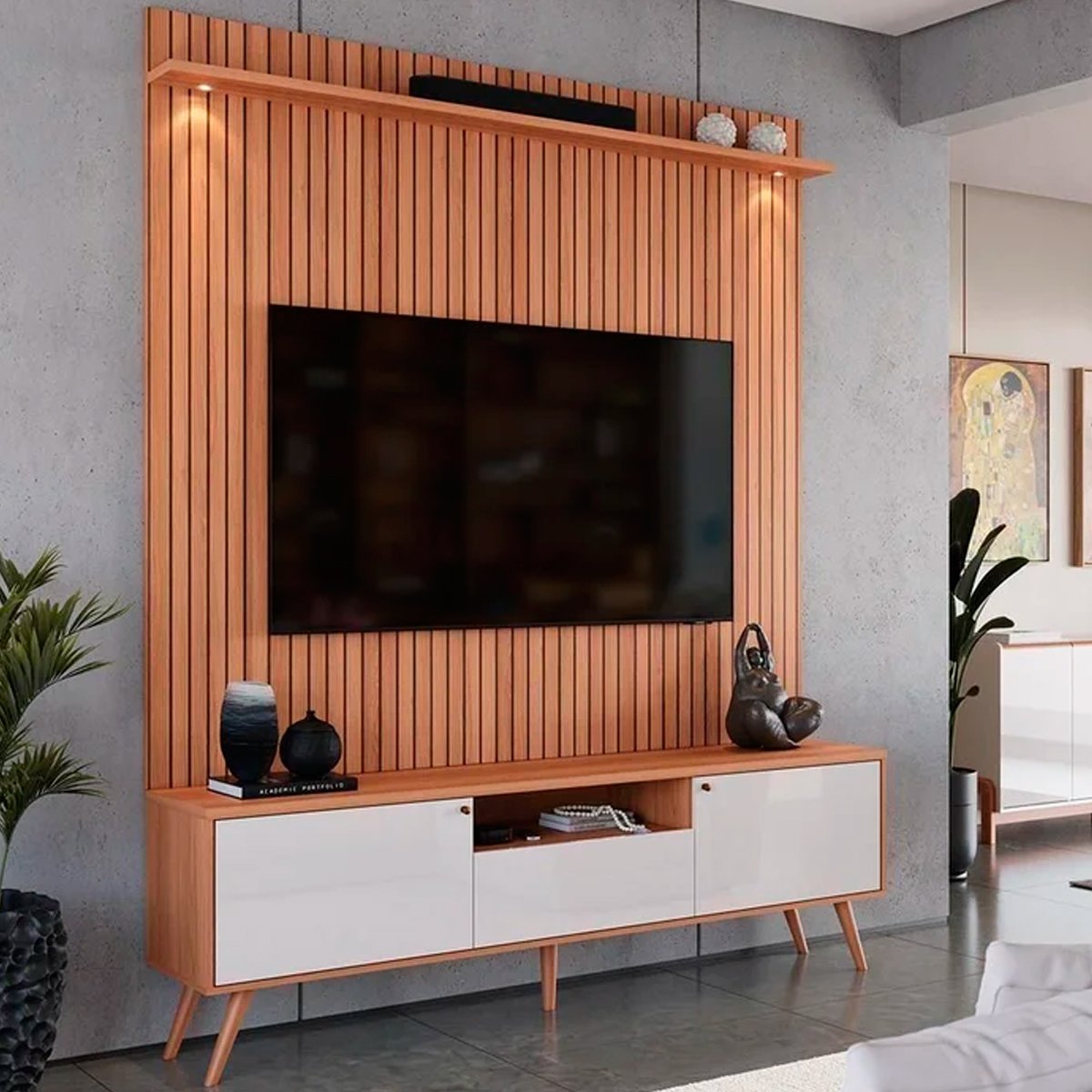 Rack Bancada com Painel para Tv de até 70" Rivire 1 Porta Jequitibá Ripado 3D/Off White
