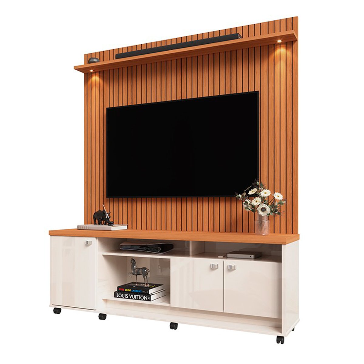 Rack Bancada com Painel para Tv de até 70" com Led Luari Jequitibá Ripado 3D/Off White