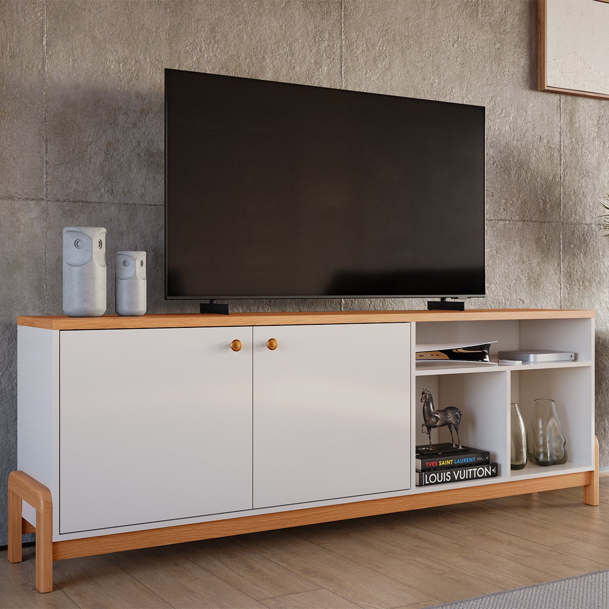 Rack Bancada com Painel para Tv de até 70" com Led Magnu  Jequitibá Ripado 3D/Off White