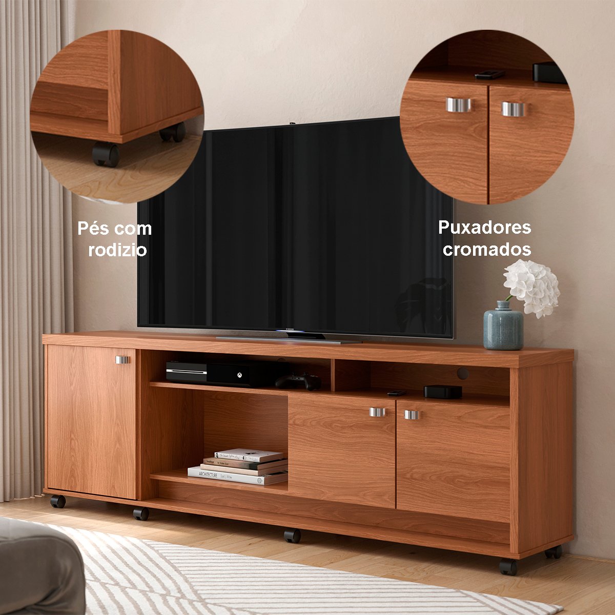 Rack Bancada com Painel para Tv de até 70" em 100% MDF Lena Jequitiba
