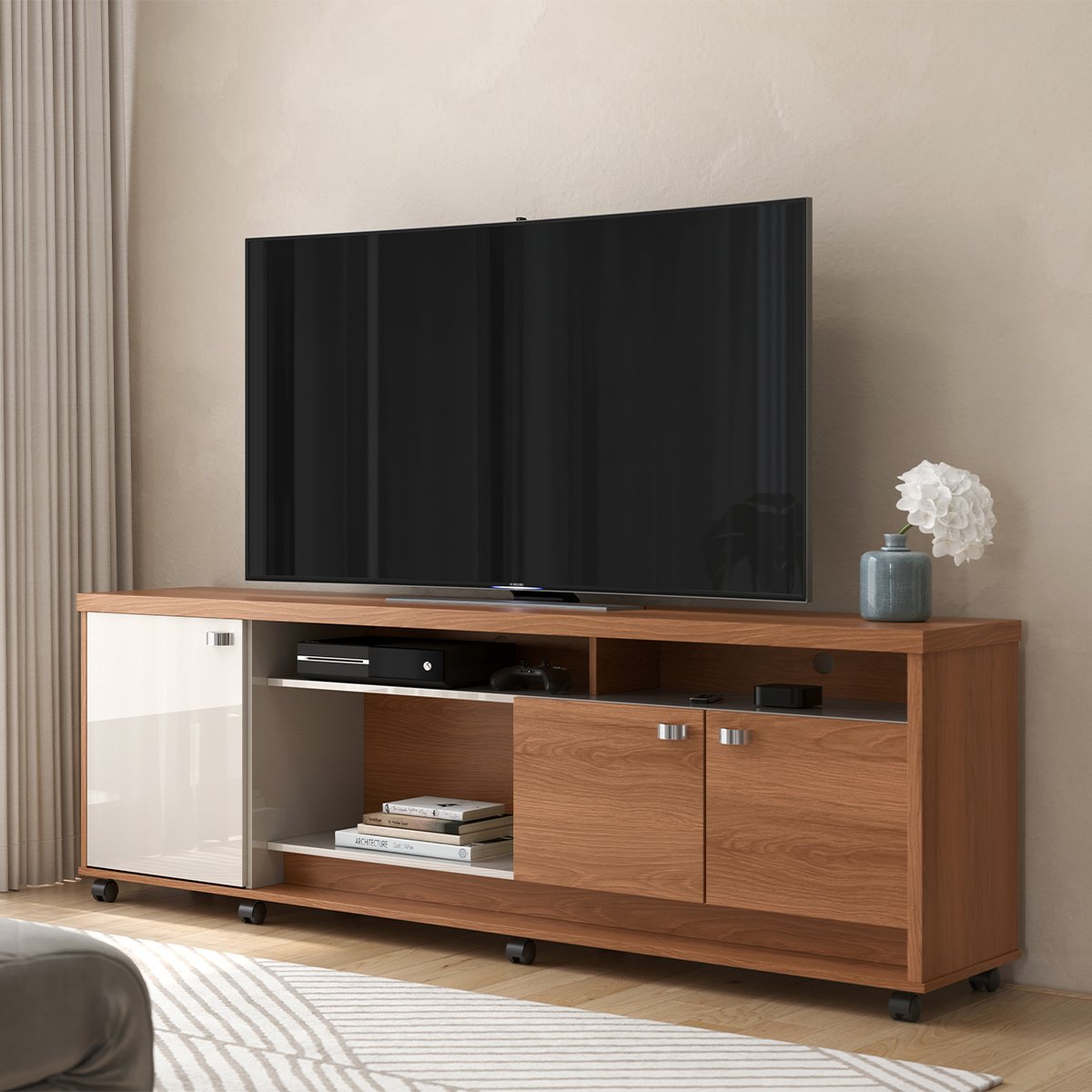 Rack Bancada com Painel para Tv de até 70" em 100% MDF Lena Jequitiba/Off White