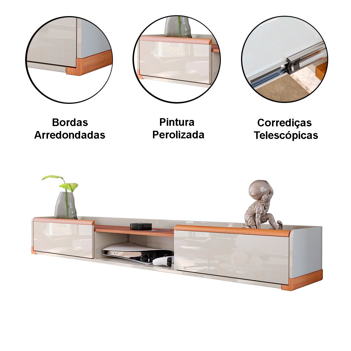 Rack Bancada com Painel para Tv de até 70" em MDF Euro Off White/Jequitiba