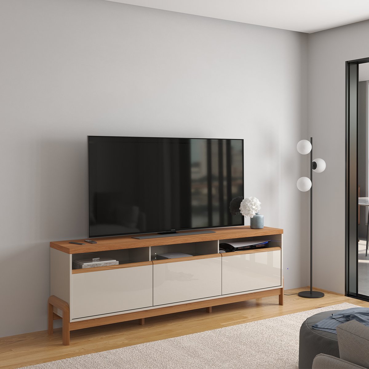 Rack Bancada com Painel para Tv de até 70" em MDF França Jequitiba/Off White