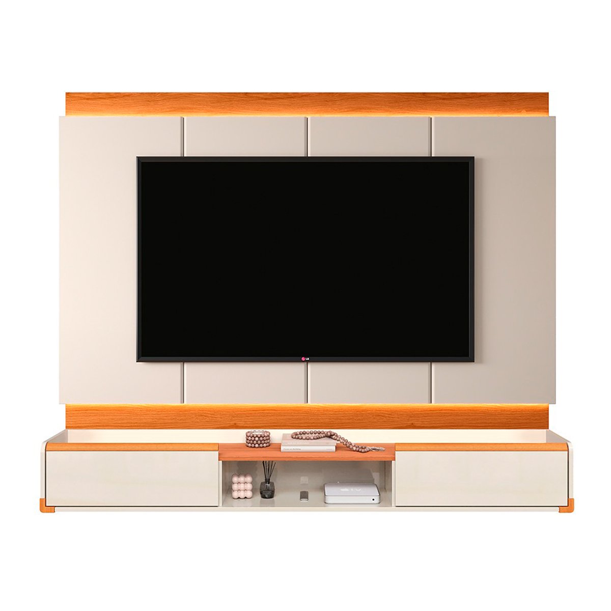 Rack Bancada com Painel para Tv de até 70” em MDF com Led Hile Off White/Jequitiba