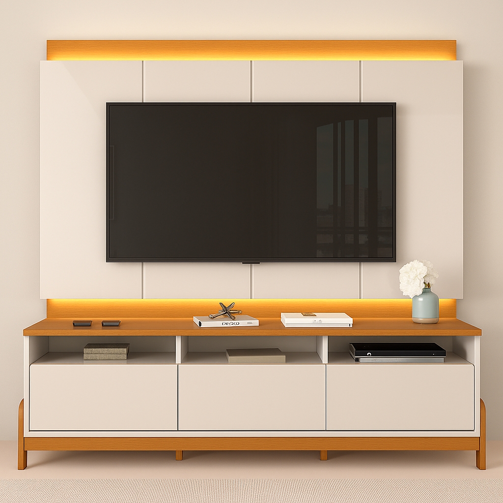 Rack Bancada com Painel para Tv de até 75" 100% MDF Joana Jequitiba/Off White