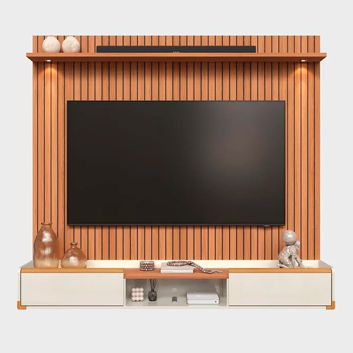 Rack Bancada com Painel para Tv de até 75" com Led Ariel Jequitibá Ripado 3D/Off White