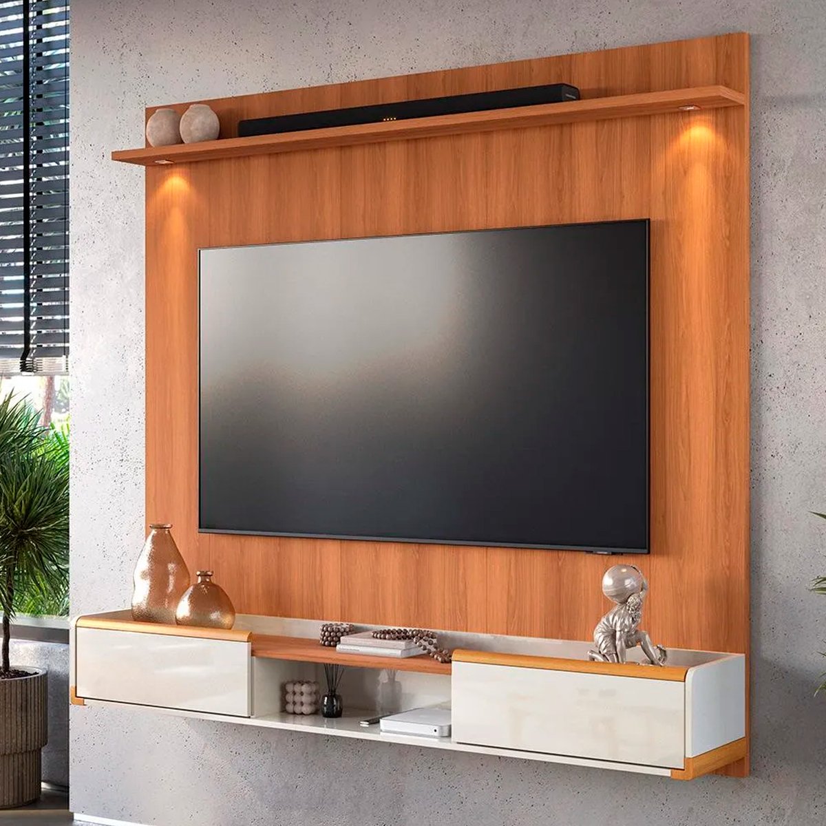 Rack Bancada com Painel para Tv de até 75" com Led Ariel Jequitiba/Off White