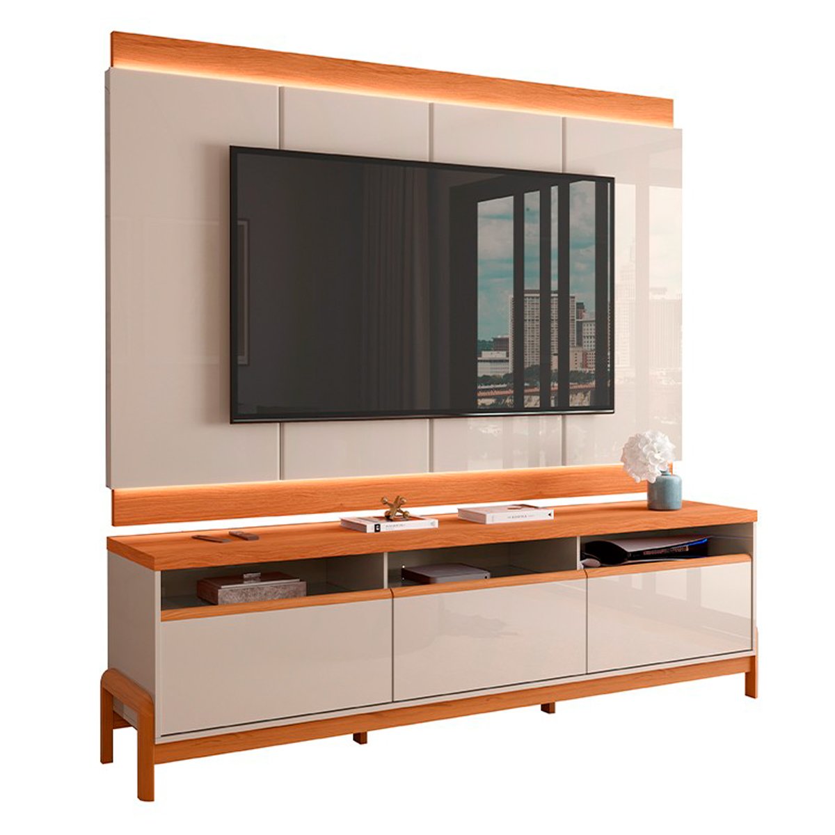Rack Bancada com Painel para Tv de até 75" em MDF Line Off White/Jequitiba