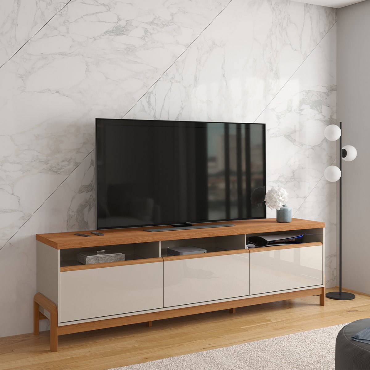 Rack Bancada com Painel para Tv de até 75" em MDF Line Off White/Jequitiba