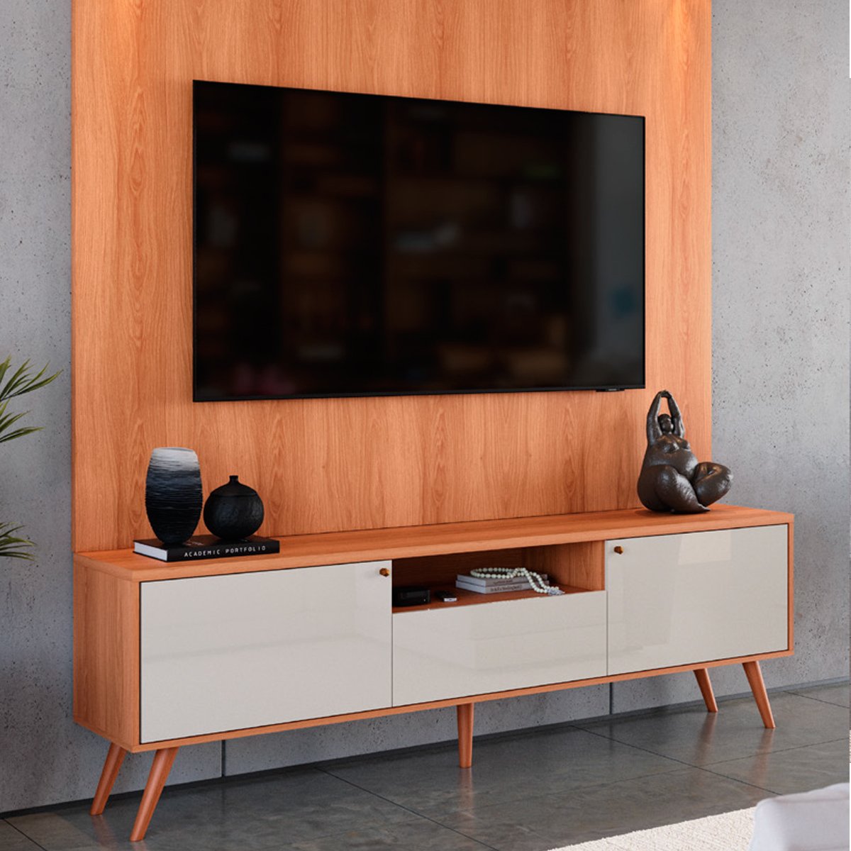 Rack Bancada para Tv de até 60" 1 Porta 2 Gavetas Rivire 1.3 Jequitiba/Off White