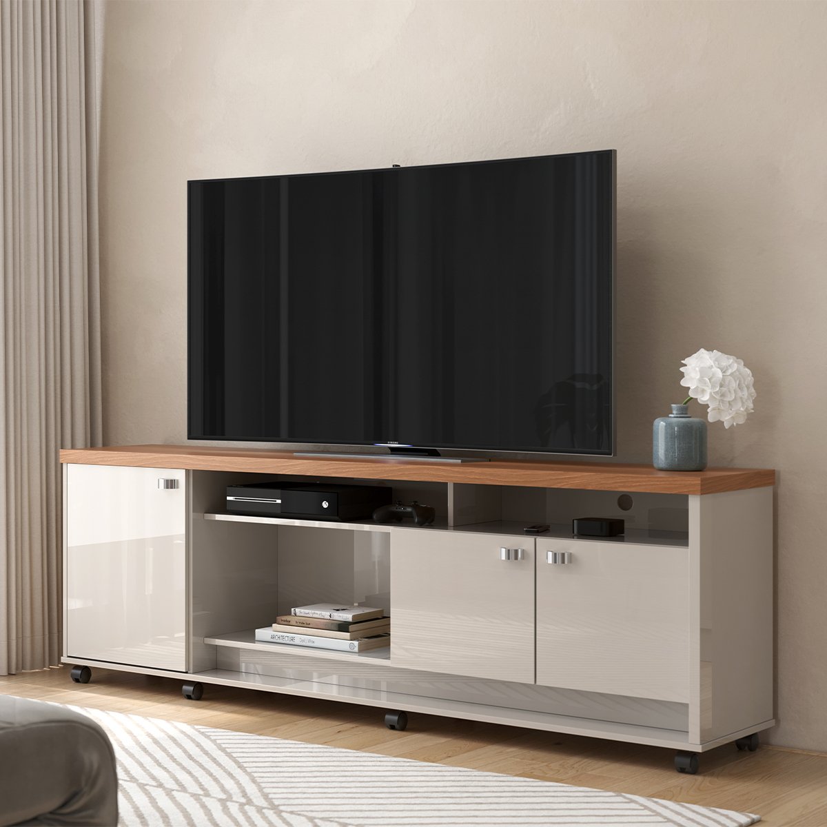 Rack Bancada para Tv de até 70" 3 Portas Dalva Off White/Jequitiba