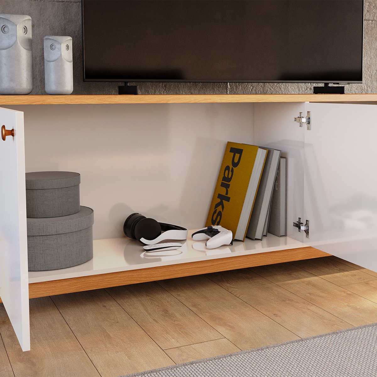 Rack Bancada para Tv de até 75" 2 Portas Sandy Off White/Jequitiba