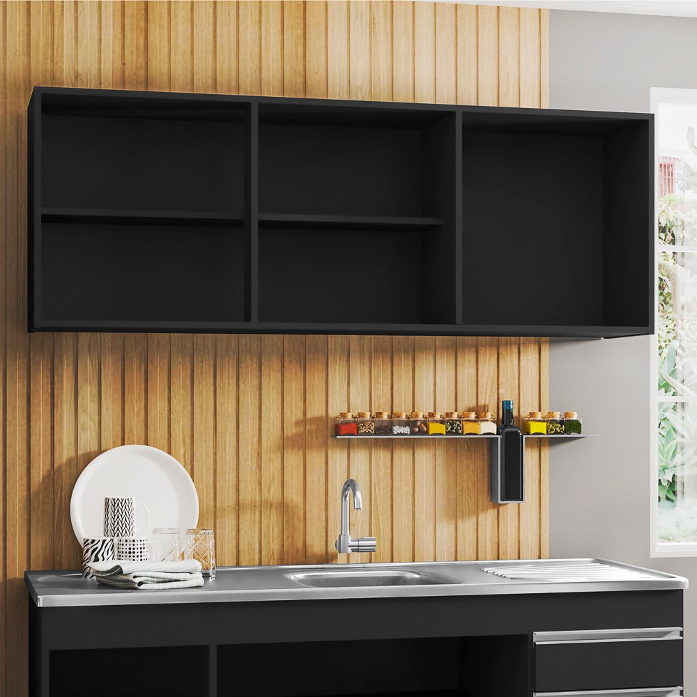 Armário Aéreo 150cm 3 Portas Argélia Preto - Lumil