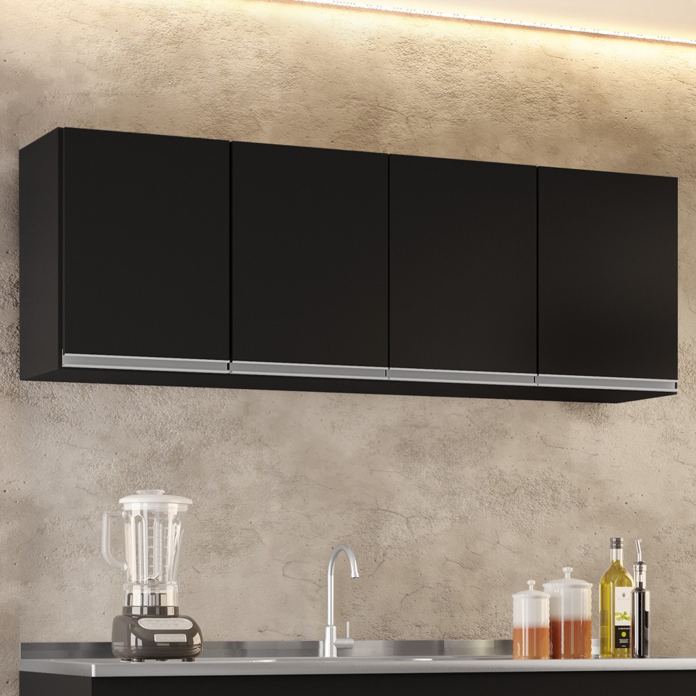 Armário Aéreo 160cm 4 Portas Nevada Preto - Lumil Móveis