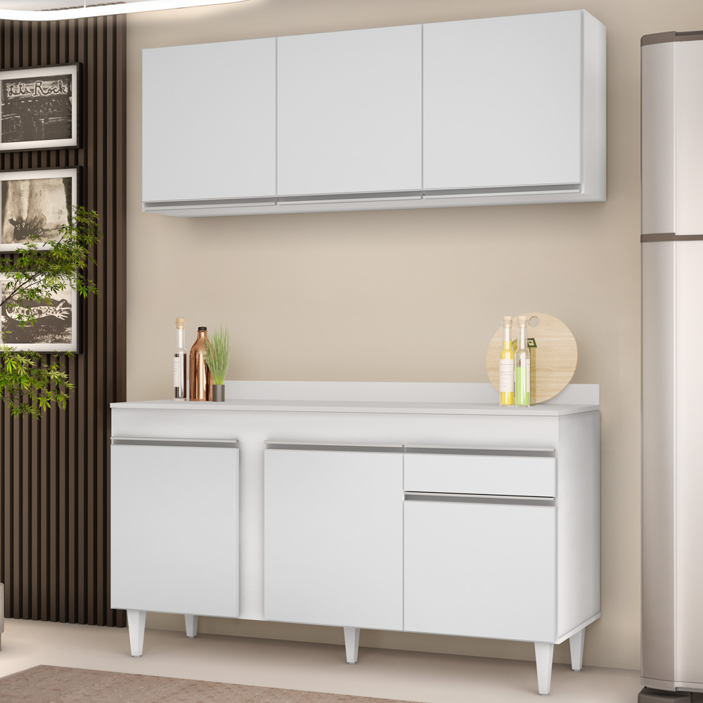 Armário Aéreo Argélia e Balcão Gabinete Para Pia com Tampo 150cm Dakota Branco - Lumil