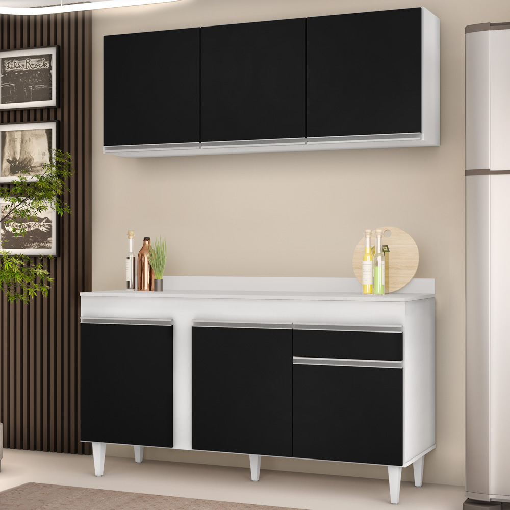 Armário Aéreo Argélia e Balcão Gabinete Para Pia com Tampo 150cm Dakota Branco/Preto- Lumil
