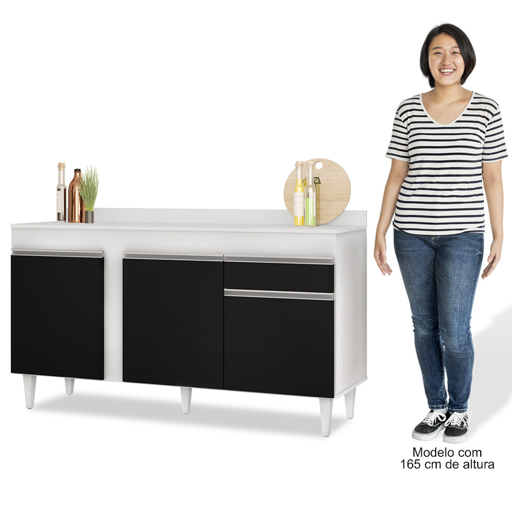 Armário Aéreo Argélia e Balcão Gabinete Para Pia com Tampo 150cm Dakota Branco/Preto- Lumil